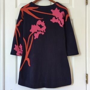 Field Flower Anthropologie Megara Floral Quarter Sleeve Tunic Sweater Navy XS